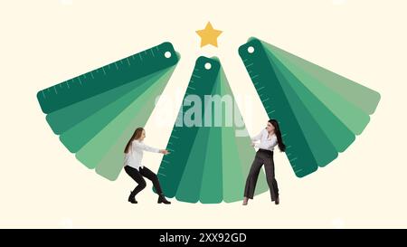 Poster. Zeitgenössische Kunstcollage. Zwei Frauen interagieren spielerisch mit übergroßen grünen Linealen, die wie ein Weihnachtsbaum mit Stern angeordnet sind. Stockfoto