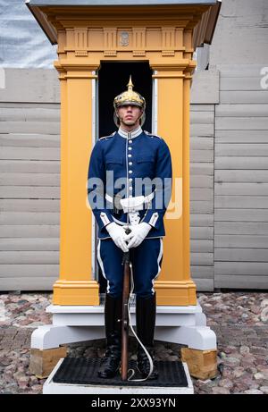 Stockholm Schweden: Königliche Garde im Dienst des Königspalastes in Stockholm, Heimat des schwedischen Monarchen in Stadsholmen in Gamla stan. Stockfoto