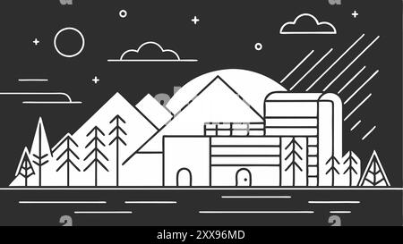 Grafische Zeichnung der Straße mit wunderschönen weißen Häusern und einigen Bergen hinten auf schwarzem Hintergrund Line Art Das Konzept des glücklichen Stadtlebens Stock Vektor