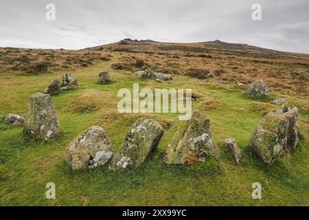 Neune Maidens bronzezeitlicher Megalithkreis unter Belstone Tor, Dartmoor UK Stockfoto