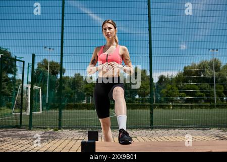 Eine junge Frau mit Vitiligo dehnt sich draußen, während sie einen pinken Sport-BH und schwarze Shorts trägt. Stockfoto