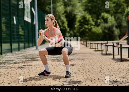 Eine junge Frau mit Vitiligo spielt Squats in einem Park, während sie ein pinkfarbenes Crop Top und schwarze Shorts trägt. Stockfoto