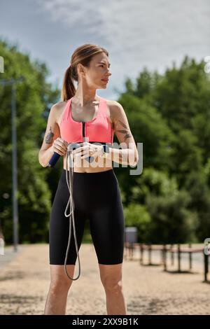 Eine junge Frau mit Vitiligo, trägt einen rosa Sport-BH und schwarze Shorts, steht draußen in einem Park und hält ein Sprungseil. Stockfoto