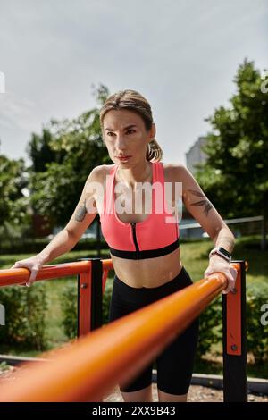 Eine junge Frau mit Vitiligo, die ein rosafarbenes Oberteil trägt, arbeitet an parallelen Bars in einem sonnigen Park. Stockfoto