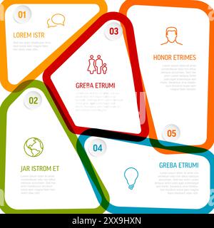 Abstrakte Schemavorlage mit fünf pastellfarbenen Abschnitten oder Fortschrittsvorlage mit fünf Schritten auf weißem Hintergrund mit Zahlensymbolen und kurzem Beispiel Stock Vektor