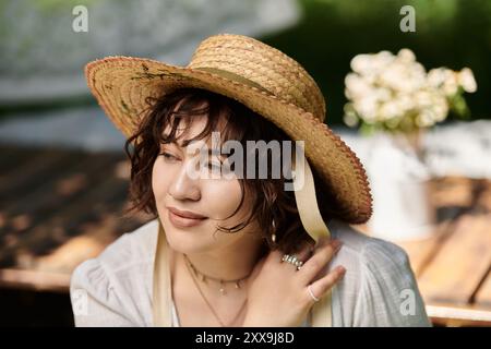 Eine junge Frau mit Strohhut und weißer Bluse lächelt, während sie in die Ferne blickt. Stockfoto