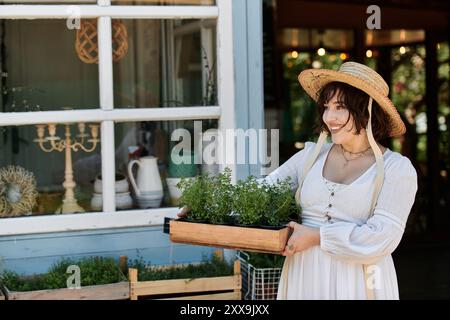 Eine Frau in weißem Kleid und Strohhut lächelt, während sie ein Tablett mit Topfpflanzen in einem sonnigen Sommergarten trägt. Stockfoto