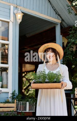 Eine junge Frau in weißem Kleid und Strohhut hält ein Tablett mit frisch gebackenen Pflanzen und lächelt in die Kamera. Stockfoto