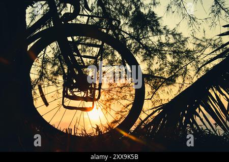 Nahaufnahme Fahrrad geparkt Vorderrad in niedrigem Winkel am Strand bei Sonnenaufgang mit wunderschönem Blick auf das Meer am frühen Morgen Übung. Fahrt am Strand bei Sonnenaufgang am Morgen Stockfoto