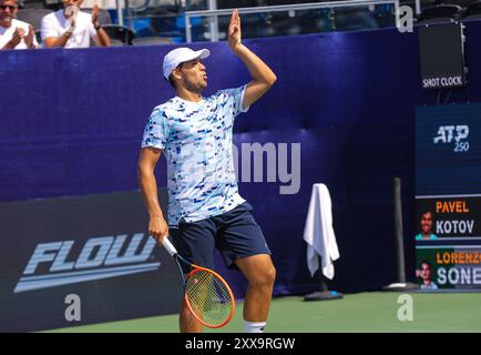 22. August 2024: Pavel Kotov-Gesten treffen gegen Lorenzo Sonego Winston-Salem Open, ATP Tour, Wake Forest Tennis Complex, Winston Salem, North Carolina. David Beach/CSM Stockfoto