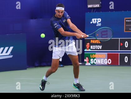 22. August 2024: Lorenzo Sonego trifft gegen Pawel Kotov. Winston-Salem Open, ATP Tour, Wake Forest Tennis Complex, Winston Salem, North Carolina. David Beach/CSM Stockfoto