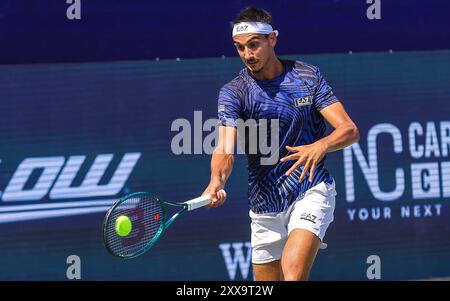 22. August 2024: Lorenzo Sonego trifft gegen Pawel Kotov. Winston-Salem Open, ATP Tour, Wake Forest Tennis Complex, Winston Salem, North Carolina. David Beach/CSM Stockfoto