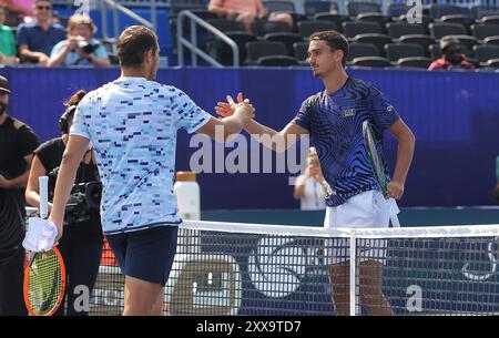 22. August 2024: Lorenzo Sonego gewinnt das Spiel gegen Pavel Kotov. Winston-Salem Open, ATP Tour, Wake Forest Tennis Complex, Winston Salem, North Carolina. David Beach/CSM Stockfoto