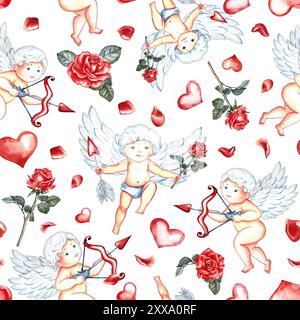 Nahtloses Muster mit süßen Cupids mit Schleife, Pfeilen, Herzen und Rosen. Handgezeichnete Aquarellillustration. Zum Valentinstag und zur Hochzeit. Für Postkarren Stockfoto