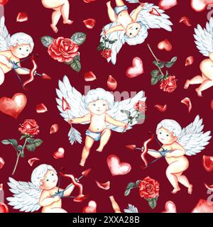 Nahtloses Muster mit niedlichen Cupids mit Schleife, Pfeilen und Herzen. Kleine Engel. Handgezeichnete Aquarellillustration. Auf dunkelrotem Hintergrund. Für Val Stockfoto