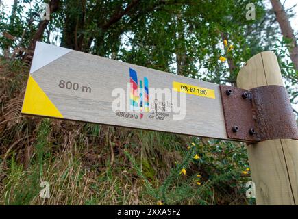 Schild mit Besucherinformationen am El Bosque de Oma, einem Wald mit bemalten Bäumen und „Landkunst“ in der Nähe von Kortezubi im Baskenland, Spanien Stockfoto