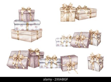 Set aus Merry New Year and Birthday Pastellfarbe und weiß mit Punktmuster Geschenkboxen mit Schleifen. Aquarellhandzeichnung Illustration auf isoliertem Stockfoto