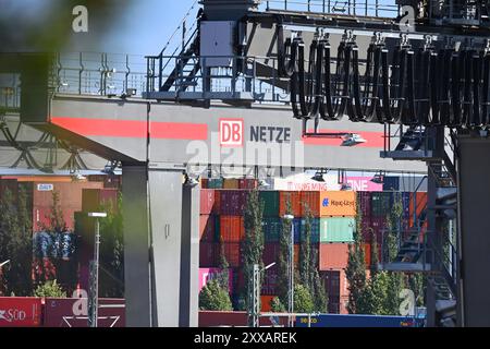 München, Deutschland. August 2024. Ansicht des deutschen Umschlagsunternehmens Rail - Road (DUSS) mbH München Riem bei Feldkirchen in Bayern, Containerbeladung. ? Quelle: dpa/Alamy Live News Stockfoto