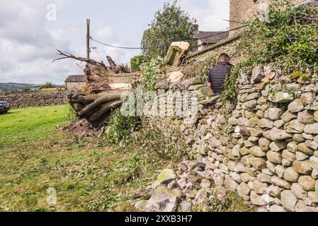 Sturm Lilian, mit starkem Regen und starken Winden, traf einige Bäume und Grundstücke in Long Preston, North Yorkshire (der 12. Benannte Sturm der Saison). Stockfoto