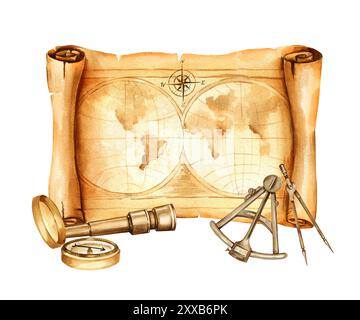 Alte Vintage-Weltkarte, Aquarellfarbe alte Geschichte Spionenglas, brauner Grunge Metal Sextant und nautischer Seemannsteiler, Komposition der Studie und Adv Stockfoto