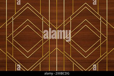 3D moderne geometrische Holztapete. Goldene Linien auf dunkelbraunem Holzhintergrund. Für Innenwand Schlafzimmer Wohnkultur Stockfoto