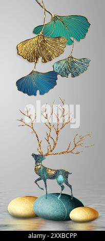 Vertikale Wandtapete mit 3D-Kunst und hellgrauem Hintergrund, goldenen, türkisfarbenen ginko-Biloba-Blättern, Steinen und Hirschen. Für Leinwand als fra verwenden Stockfoto
