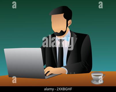 Zeichentrickfiguren-Design junger Mann, der an Laptop-Vektor-Illustration arbeitet Stock Vektor