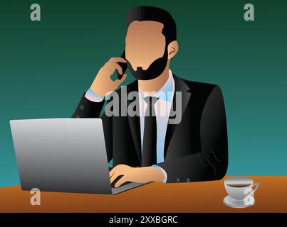 Cartoon-Leute entwerfen jungen Mann, der am Laptop arbeitet und mit dem Mobiltelefon spricht, während er am Schreibtisch im Büro sitzt Stock Vektor