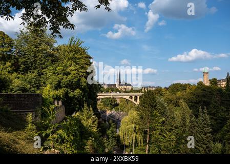 Malerischer Blick auf die Adolphe-Brücke und die Kathedrale Notre-Dame über das Pétrusse-Tal an einem Sommertag - Luxemburg-Stadt Stockfoto