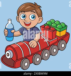 Boy Riding a Train - lustige und skurrile Kinderillustration Stock Vektor