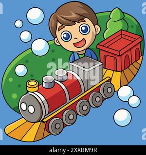 Boy Riding a Train - lustige und skurrile Kinderillustration Stock Vektor