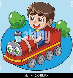 Boy Riding a Train - lustige und skurrile Kinderillustration Stock Vektor