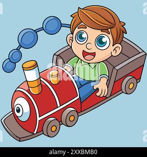 Boy Riding a Train - lustige und skurrile Kinderillustration Stock Vektor