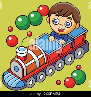 Boy Riding a Train - lustige und skurrile Kinderillustration Stock Vektor