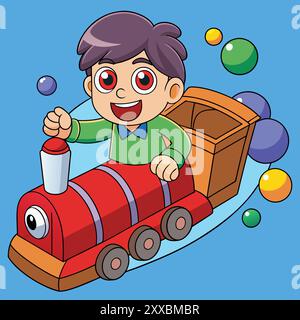 Boy Riding a Train - lustige und skurrile Kinderillustration Stock Vektor