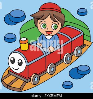 Boy Riding a Train - lustige und skurrile Kinderillustration Stock Vektor