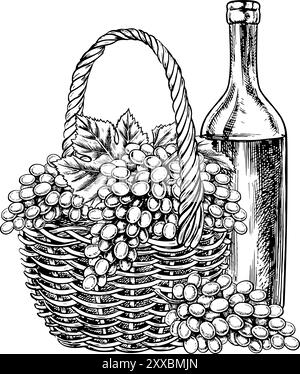 Ein Korb mit Trauben und eine Flasche Wein. Vektorgrafiken, handgezeichnete Schwarzweiß-Illustration. Isolieren auf weißem Hintergrund. Ein Design el Stock Vektor