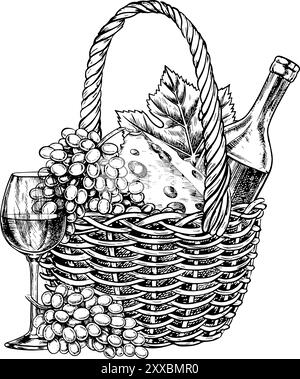 Ein Picknickkorb aus Korb, eine Flasche Wein, Käse und Trauben. Eine von Hand gezeichnete grafische Vektorgrafik. Urlaub in der Natur. Isolieren Sie auf einer weißen Rückseite Stock Vektor