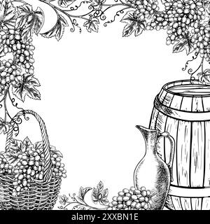 Ein Rahmen mit Wein. Reben und Trauben in einem Korb, einem Fass und einem Krug Wein. Vektorgrafiken, handgezeichnete Schwarzweiß-Illustration auf einem Stock Vektor