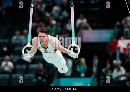 FRA, Paris, Olympische Spiele Paris 2024, Bercy Arena, 27. Juli 2024, olympische Gymnastikprozesse - Männer, Apparat Andreas Toba (D, Nummer 141), Ringe Credit: HMB Media/Steffie Wunderl/Alamy Archival Stockfoto