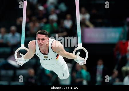 FRA, Paris, Olympische Spiele Paris 2024, Bercy Arena, 27. Juli 2024, olympische Gymnastikprozesse - Männer, Apparat Andreas Toba (D, Nummer 141), Ringe Credit: HMB Media/Steffie Wunderl/Alamy Archival Stockfoto