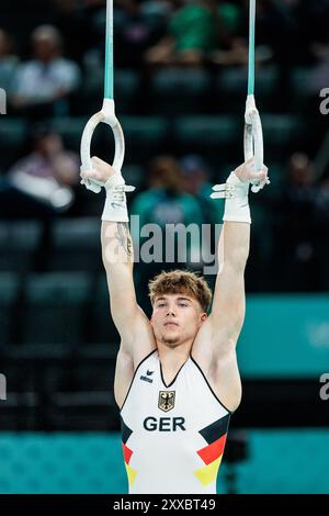 FRA, Paris, Olympische Spiele Paris 2024, Bercy Arena, 27. Juli 2024, olympische Gymnastikprozesse - Männer, Apparat Pascal Brendel (D, Nummer 137), Ringe Credit: HMB Media/Steffie Wunderl/Alamy Archival Stockfoto