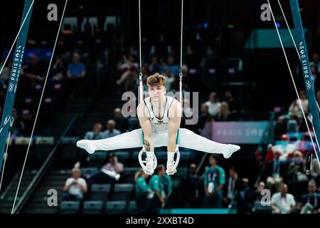 FRA, Paris, Olympische Spiele Paris 2024, Bercy Arena, 27. Juli 2024, olympische Gymnastikprozesse - Männer, Apparat Pascal Brendel (D, Nummer 137), Ringe Credit: HMB Media/Steffie Wunderl/Alamy Archival Stockfoto