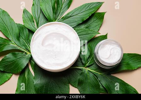 Gesichtscreme mit Feuchtigkeitsspender und tropisch-grünen Blättern aus nächster Nähe, Draufsicht. Natürliche vegane Hautpflegeprodukte, biologische Anti-Aging-Creme, pflanzliche cosme Stockfoto