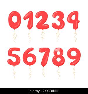 Rote Heliumballons Zahlen Vektorsatz. Flache Referenzkreise isoliert auf weißem Hintergrund. Aufgeblähte Ziffern von 0 bis 9 in Zeichenfolge für Geburtstag, Verkauf Stock Vektor