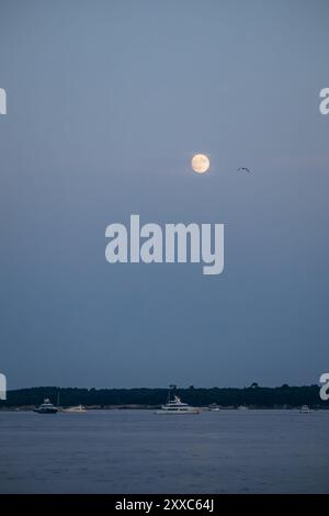 Vollmond über der Insel Sainte-Marguerite in der Nähe von Cannes, an der französischen Riviera Stockfoto