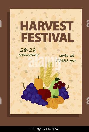 Poster mit Früchten wie Trauben, Äpfeln, Birnen, Aprikosen, Kirschen, und Weizenstiele. Perfekt für Festivalaktionen, Bauernhof Stock Vektor