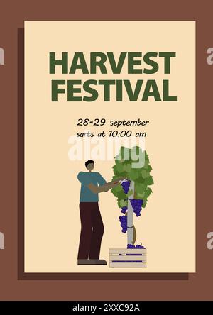 Poster zum Erntefest mit einem Schwarzen, der Trauben erntet. Dies ist eine Vektorabbildung in flacher Form auf weißem Hintergrund. Ideal für Festivals Stock Vektor