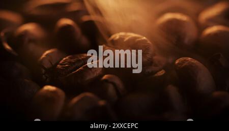 Ein Haufen Kaffeebohnen, die zusammen gestapelt sind und zu einer köstlichen Tasse Kaffee gebrüht werden können. Nahaufnahme gerösteter Arabica-Kaffeebohnen. Verschiedene Typen Stockfoto