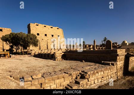 Karnak Tempel, Amun Tempel, Abend, erster Pylon und Sphinxes Avenue, Luxor, Ägypten, Nordafrika, Afrika Stockfoto